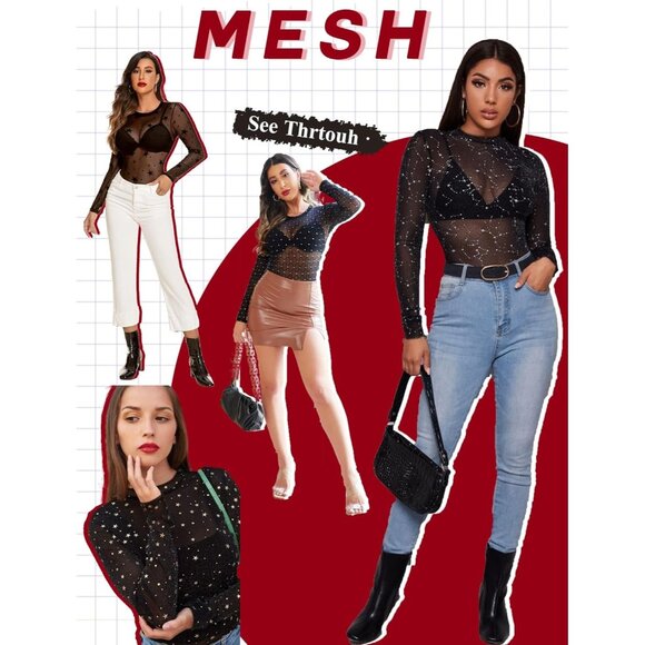 Women's Constellati Bodysuit Black Long Sleeve Bodysuit Round Neck Sheer Leotard - Picture 7 of 9